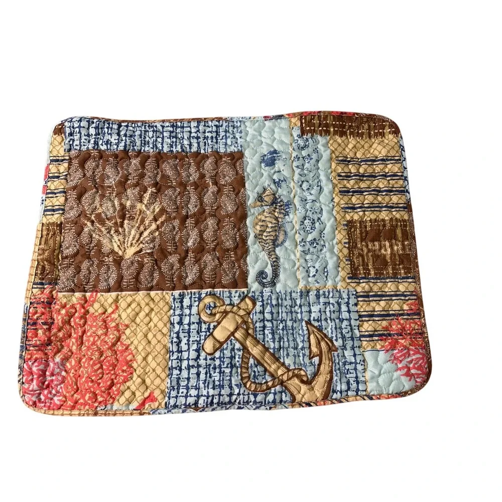 Nautical Beach Quilted Patchwork Accent Pillow sham‎ Coastal Anchor Seahorse